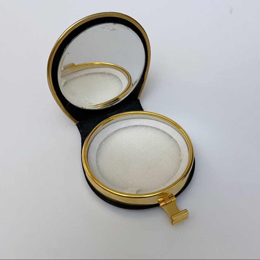 Vintage Black Satin Golden Damascene Floral Bird Appliqué Powder Mirror Compact - Picture 7 of 8